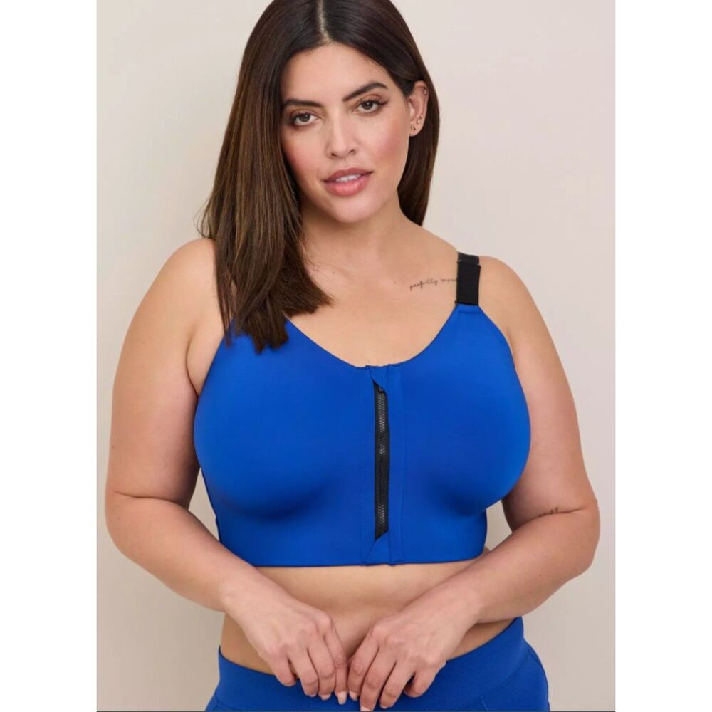 TORRID Blue Sz 44D Zip Front High Impact WireFree Lightly Padded Sports Bra NEW